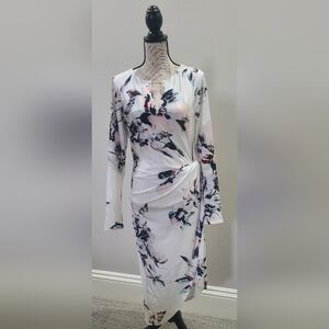 GUESS White Floral Pink & Navy Long-Sleeve Twist Midi Dress